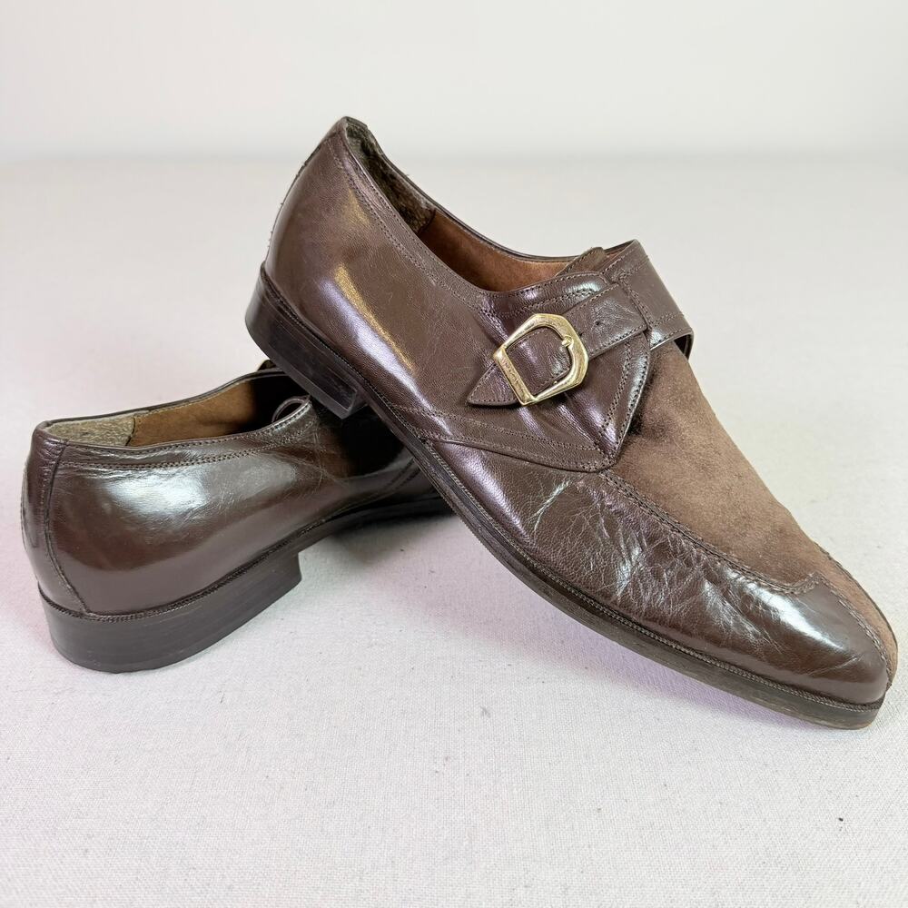 Marco Vicci Otis Monk Strap Shoes Men's 10M Brown Leather Suede Square Toe Y2K